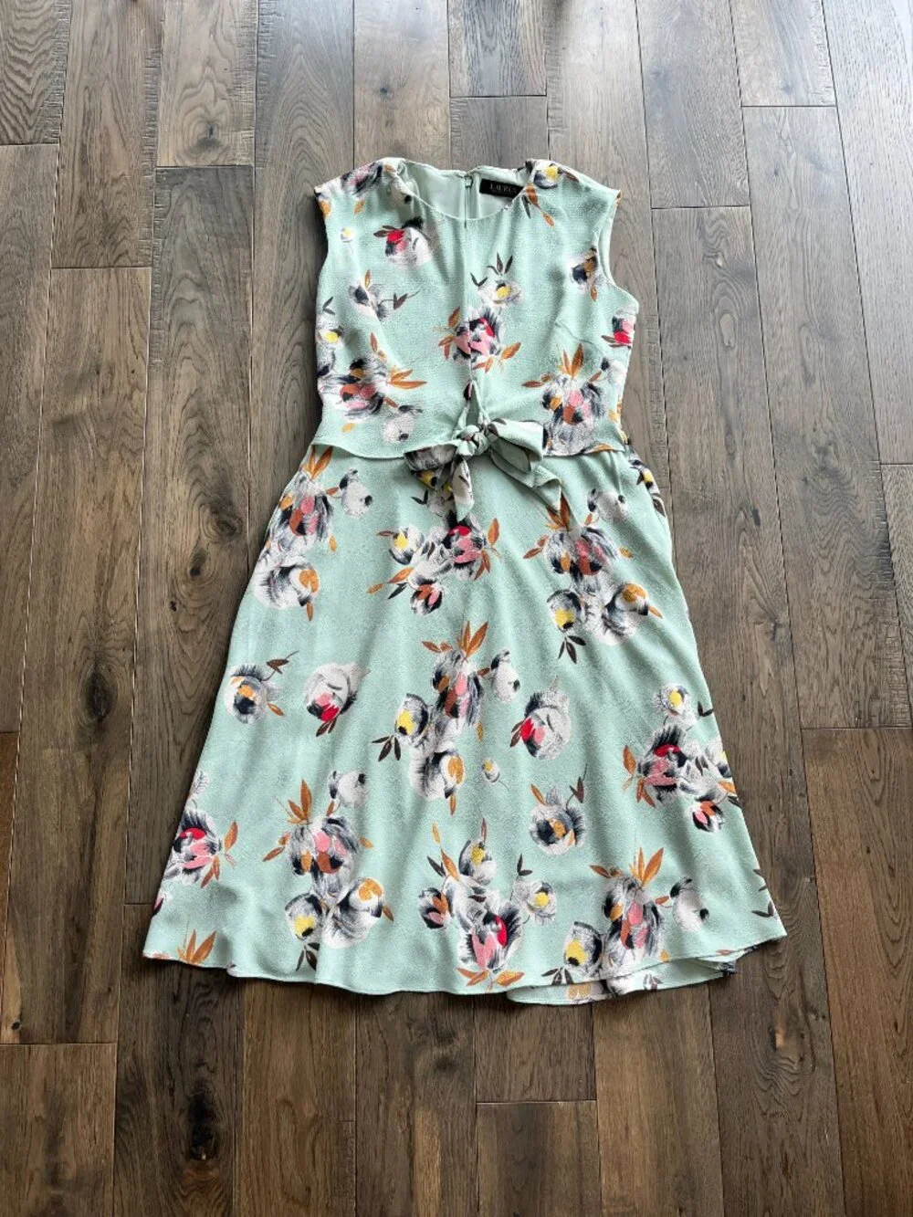 Lauren Ralph Lauren Black Label Floral Crepe Midi Dress Size 4P Green Pink Tie - Picture 3 of 8
